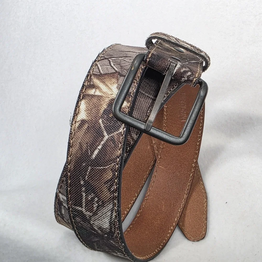 Men's Realtree Camo Belt Cotton Twill Genuine Leather Lined Size 46 Outdoors